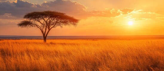 Fototapeta premium Breathtaking sunset over the vast golden Serengeti savanna in Tanzania with a majestic acacia tree silhouetted against the dramatic warm evening sky