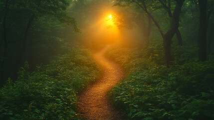 Obraz premium A solitary trail fading into a misty forest with soft sunlight filtering through the fog, evoking a sense of mystery and solitude in the heart of nature