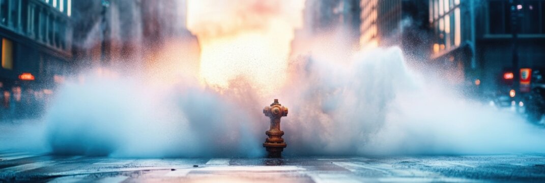 Emergency response as crews tackle broken fire hydrant spraying water on busy city street
