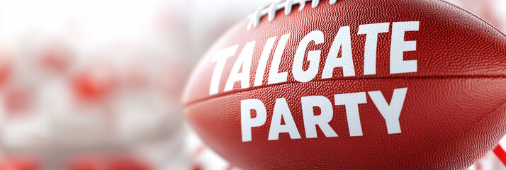 Tailgate party text with American football ball on foreground, festive decoration on banner background