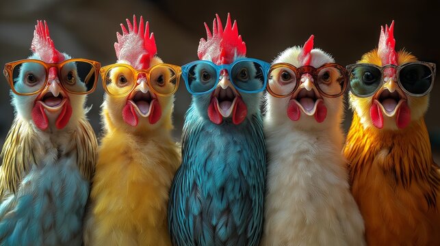 Five colorful chickens wearing trendy glasses, showcasing a fun and quirky farm animal theme, perfect for humor-based designs, social media, and lighthearted promotions
