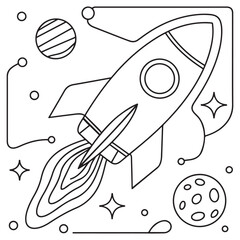 The rocket flies to the moon coloring book. Antistress planet, earth and moon Vetor illustration in zentangle style.