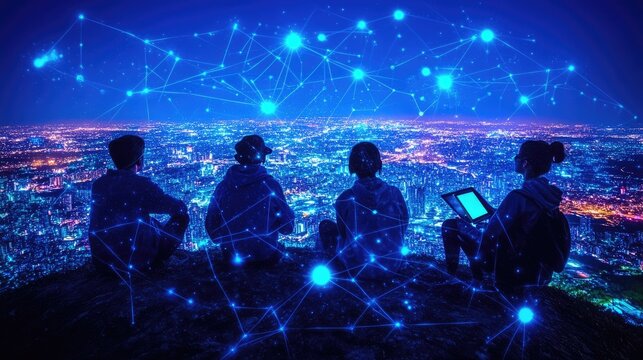 Four individuals overlooking a cityscape, connected by digital network graphics.