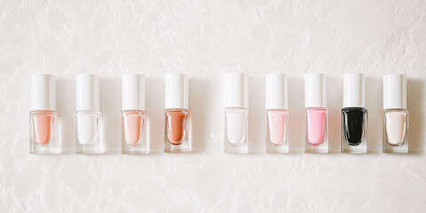Nail polish bottles of neutral colors arranged on a marble background