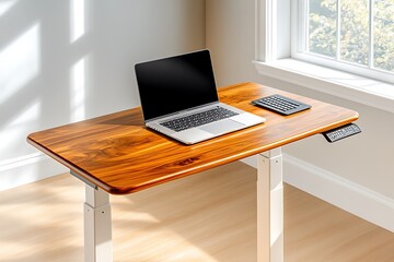 Hybrid Work Models, Modern Desk with Laptop and Calculator in Bright Room