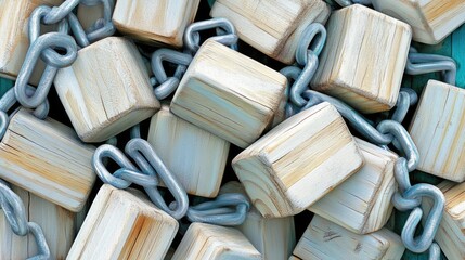 A close-up of wooden blocks linked by metal chains, suggesting a connection or restraint.