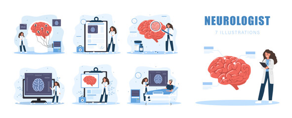 Neurologist concept. Female Doctor diagnosis and monitors treatment of Brain diseases. Research scientist. Neurology or Neuroscience. Set of Vector illustrations in flat cartoon style.