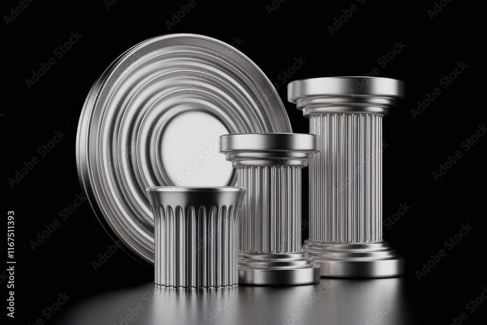 Poster Three silver columns and a circular base, classic design elements on a transparent background.