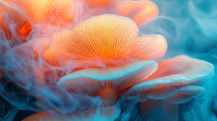 Close-up of a vibrant yellow sulfur cap mushroom with intricate texture symbolizing nature's complexity, with blurred caption space on the side and a chaotic background

