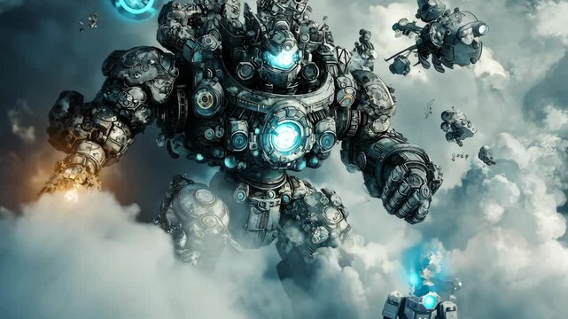 Giant robot battleship amidst clouds with smaller drones exploring surroundings