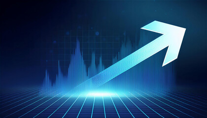 矢印が右上に向かって伸びるデザイン、背景にぼんやりとしたグラフライン