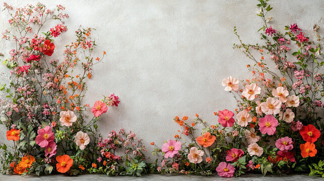 Elegant photography background featuring a white wall adorned with delicate floral accents symbolizing new beginnings love and tranquility ideal for maternity or wedding photoshoots emphasizing beauty