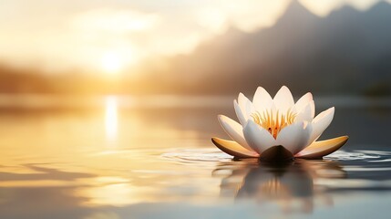 A solitary lotus flower emerging from a still pond evoking quiet strength selective focus, tranquil theme, realistic, silhouette, mountain lake backdrop