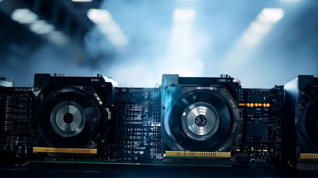 High-performance graphics cards arranged in a row, optimized for bitcoin mining, emphasizing advanced hardware, cryptocurrency operations, and blockchain processing efficiency