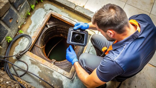 A drain cleaning company uses a camera to inspect a clogged drain before clearing it out , drain, cleaning, company