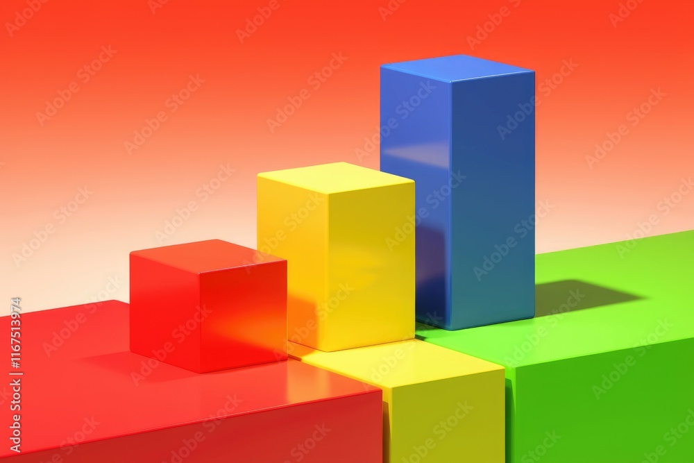 Poster colorful 3d bar chart showing ascending growth, representing progress or success.
