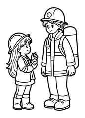 Firefighter Encounters a girl, Line art firefighter discuse child, empowering kids throught art illustration.
