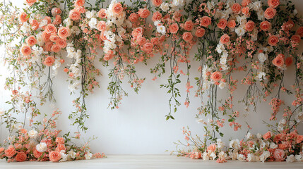 Elegant photography background featuring a white wall adorned with delicate floral accents symbolizing new beginnings love and tranquility ideal for maternity or wedding photoshoots emphasizing beauty