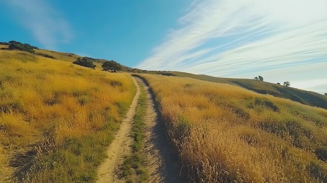 Winding Dirt Trail Across Grassy Hillside Under Blue California Sky