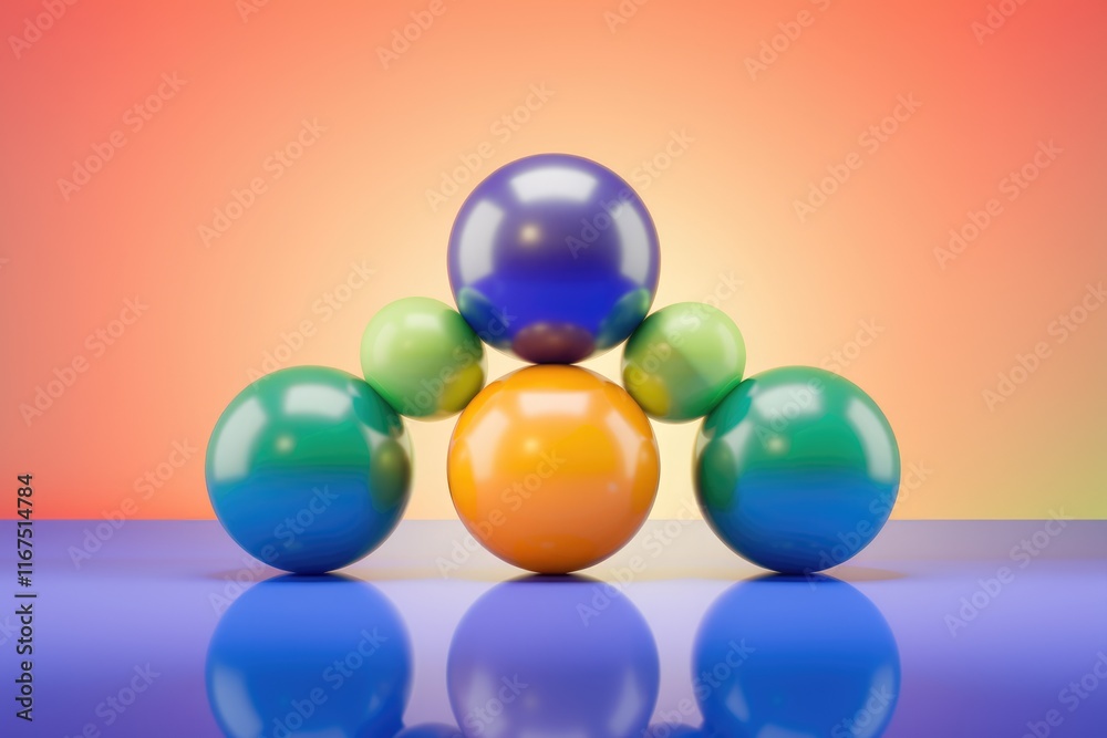 Poster colorful glossy spheres balanced in a pyramid shape against a vibrant gradient background.