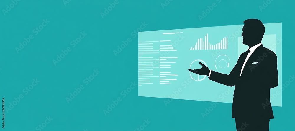 Poster a dynamic image of a business executive giving a presentation in front of a large digital screen sho
