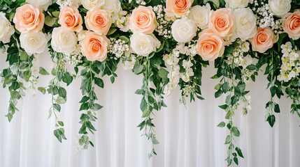 Elegant photography background featuring a white wall adorned with delicate floral accents symbolizing new beginnings love and tranquility ideal for maternity or wedding photoshoots emphasizing beauty