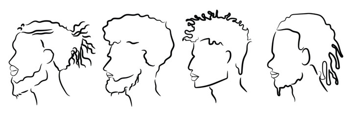 Line Drawing of African American Men. Abstract Vector Illustration Art of Male Afro American Faces with Type C Hair and Beard, Outline for Logo.