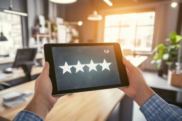Person Holding Tablet Displaying Four Star Rating in Modern Office with Warm Lighting and Contemporary Design Elements