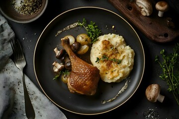 French confit de canard: close-up of tender duck legs confit, golden and crispy, served with a rich potatoes and earthy mushrooms on a white plate, captured in natural light