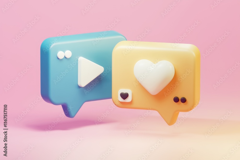 Poster 3d rendered pastel-colored speech bubbles with play and heart icons representing social media intera