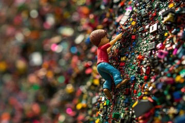 Child Figure Climbing Toys on a Colored Electronic Waste Background in a Scrap Yard with Harsh Lighting and a Micro Perspective, Perfect for Art and Conceptual Use