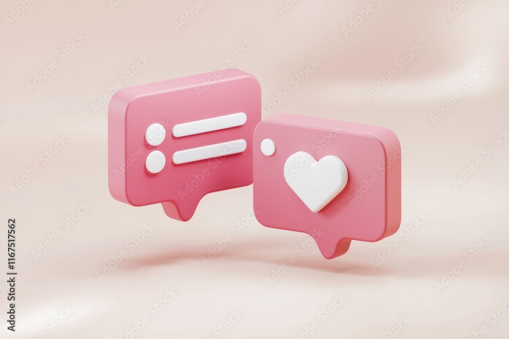 Poster 3d render of pink speech bubbles with a heart, representing social media likes and comments.