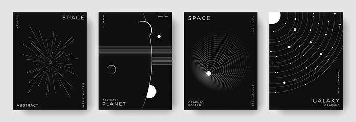 Set of abstract space astronomy backgrounds. Line art planet, galaxy, solar system, meteorite. Science future concept. Cosmic minimalist design for cover, poster, layout, banner, flyer, brochure