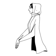 Caucasian woman in traditional folk dress with food in her hands, minimalistic illustration. Vector illustration