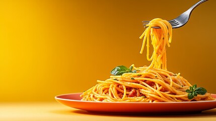 Delicious spaghetti twirling on a fork from a plate.