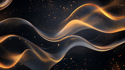 Luxury and stylist black abstract background with various floating particles and elements, curved geometric lines in style, Abstract golden particles flowing and forming a luminous wavy surface.