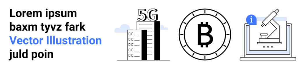Lorem Ipsum text, 5G technology with buildings, Bitcoin symbol, microscope with information icon. Ideal for technology, cryptocurrency, research, innovation, future, digital transformation