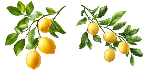 Set of a Lemon tree branch with lemons and leaves, isolated on transparent background.