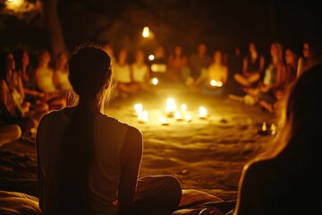 Nighttime gathering, candles illuminate seated group.