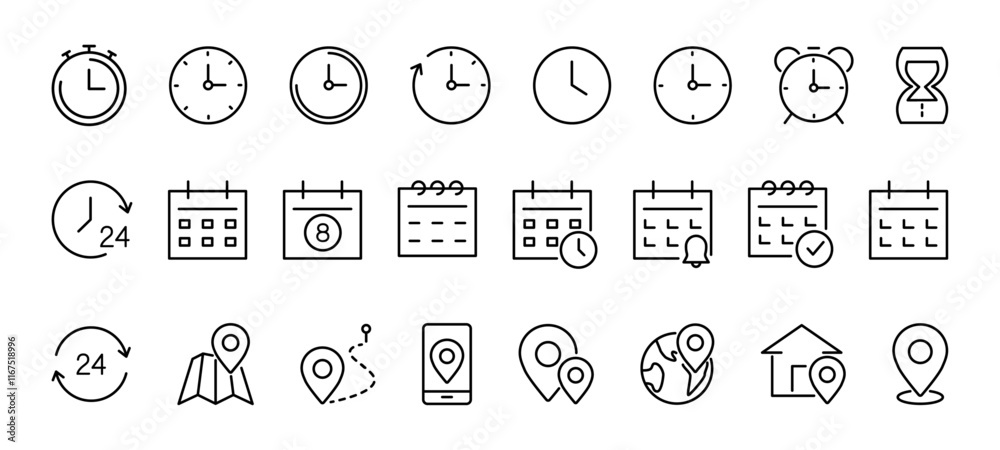 Wall mural time, date and address line icons set. editable stroke for mobile and web. isolated on white backgro
