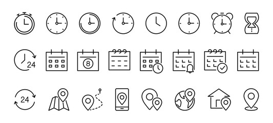 Time, date and address line icons set. Editable stroke for mobile and web. Isolated on white background. Vector illustration.