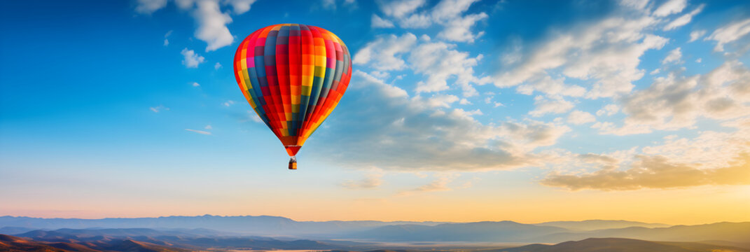 The Majestic Voyage: A Colorful Hot Air Balloon Soaring Across a Vivid Blue Sky
