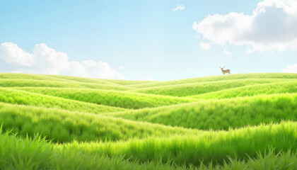 Naklejka premium Deer in a serene mood standing on rolling green hills under a clear blue sky