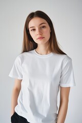 Young Woman Posing in Simple White T-Shirt Against Plain Background