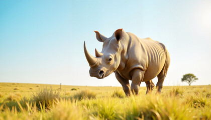 Obraz premium Rhino in a focused mood approaching the camera in a sunny grassland