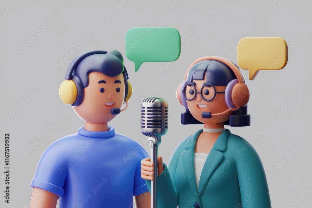 Aufkleber two 3d cartoon characters with headsets are having a conversation using a vintage microphone.