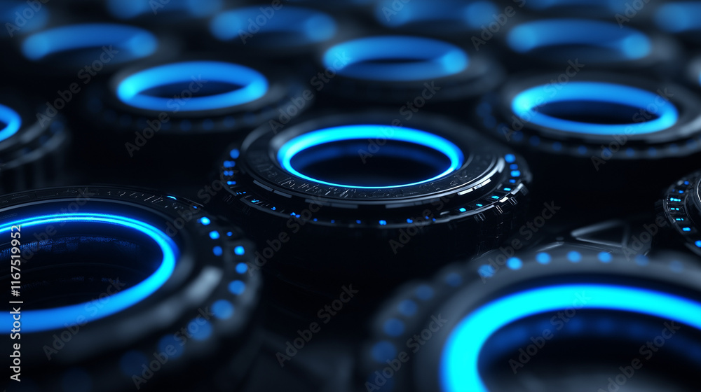 Poster abstract glowing tech rings in blue and black tones. perfect for futuristic visuals, tech branding, 