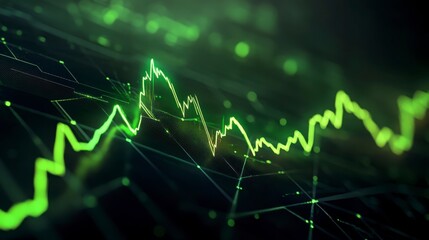 Fototapeta premium A vibrant green line graph depicting fluctuating data trends against a dark background, symbolizing financial or data analytics.