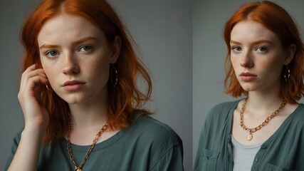 collage of a young woman model with vibrant red hair .