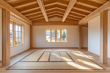 Fototapeta premium Bright minimalist room with exposed wooden beams, natural light, and tatami flooring creating a serene and modern aesthetic